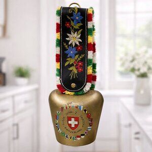 Vintage Swiss Brass Cow Bell With Embroidered Strap & Multicolor Fringe